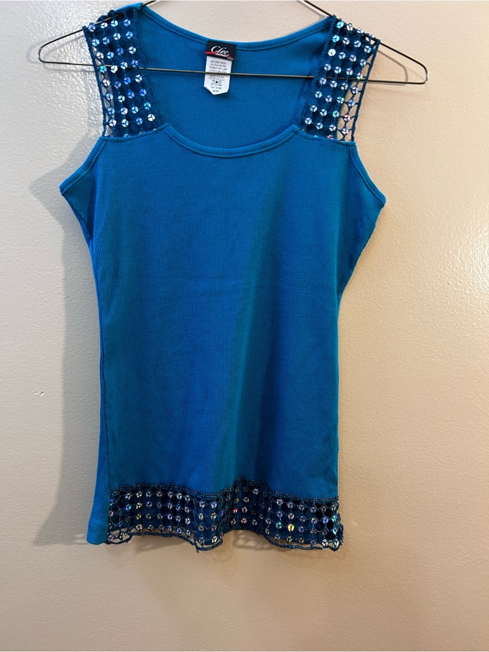 cleo Teal Blue Embellished Ribbed Tank Top